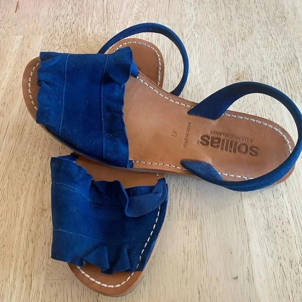 Solillas Frilled Flat Leather Sandal Indigo Blue Size 10 Made in Spain - Picture 3 of 8